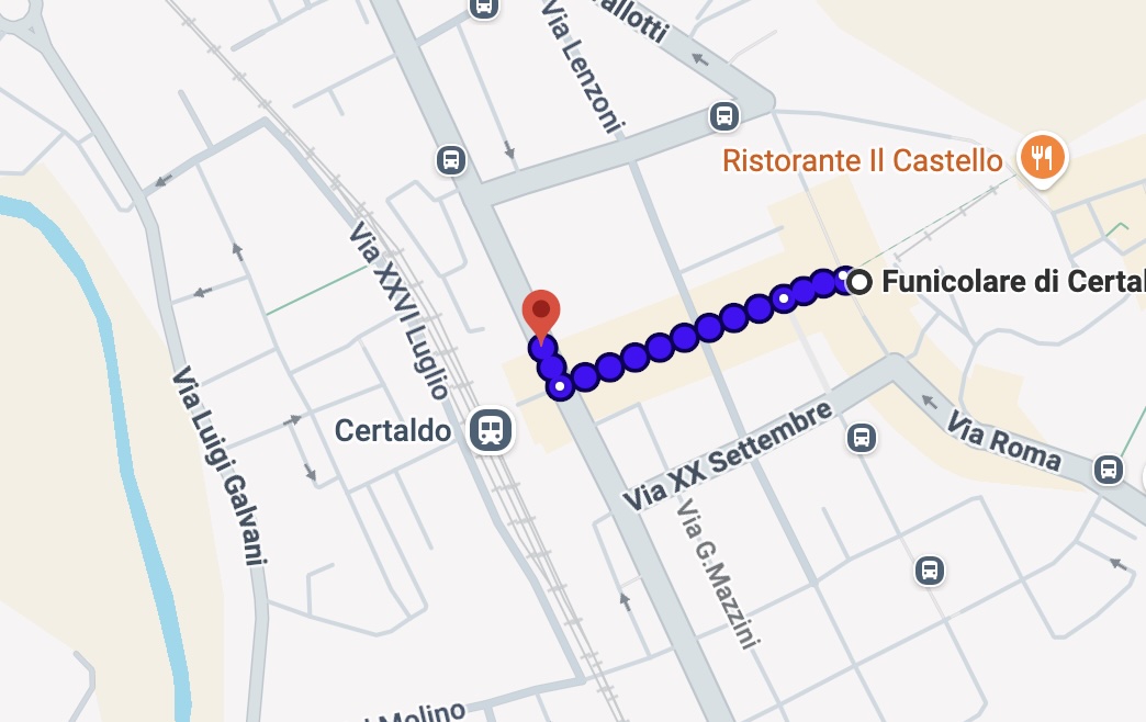 Funicular Certaldo: horário, preços e informações 2 mapa indica distância da estação ferroviária de Certaldo até o funicolare