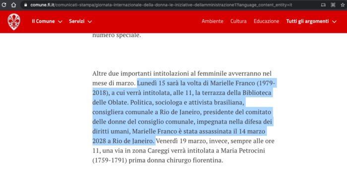 Marielle Franco é uma das homenageadas pelo Comune di Firenze, na Italia, devido a sua luta pelo direito das mulheres e direitos humanos
