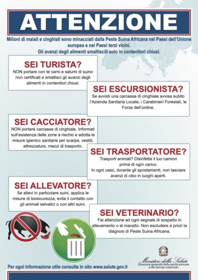Peste suína africana : nada de trekking, mountain biking, pesca, caça e busca de trufas e cogumelos nessas áreas da Italia 2 psa cartaz preventivo