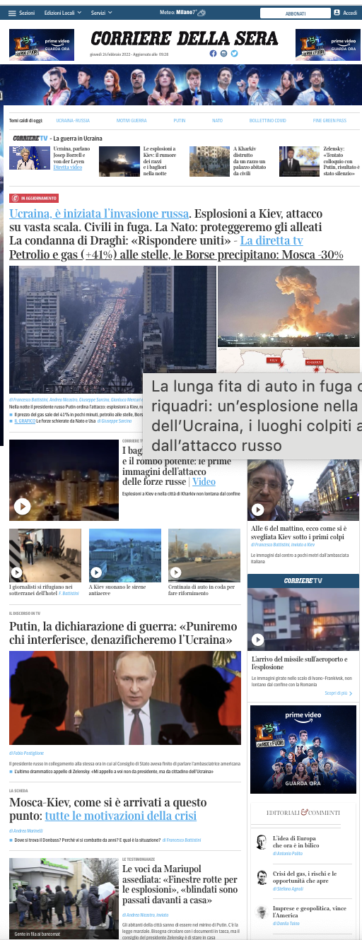 Começou a guerra na Ucrânia 2022. Explosões em Kiev, Putin: "em caso de interferência estrangeira reagiremos imediatamente". Otan: "vamos proteger os aliados". 6 capa Corriere della Sera 24/02/2022