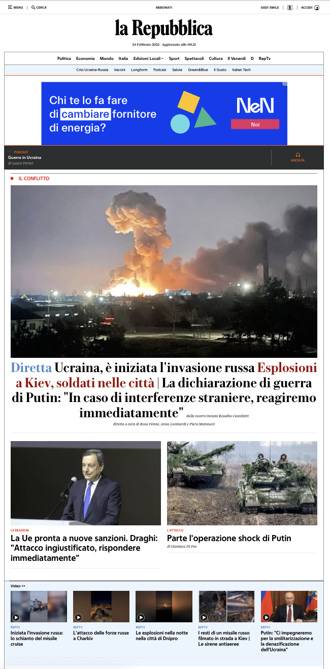 Começou a guerra na Ucrânia 2022. Explosões em Kiev, Putin: "em caso de interferência estrangeira reagiremos imediatamente". Otan: "vamos proteger os aliados". 3 capa jornal La Repubblica 24/02/2022