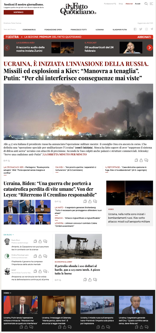Começou a guerra na Ucrânia 2022. Explosões em Kiev, Putin: "em caso de interferência estrangeira reagiremos imediatamente". Otan: "vamos proteger os aliados". 5 capa Il Fatto Quotidiano 24/02/2022