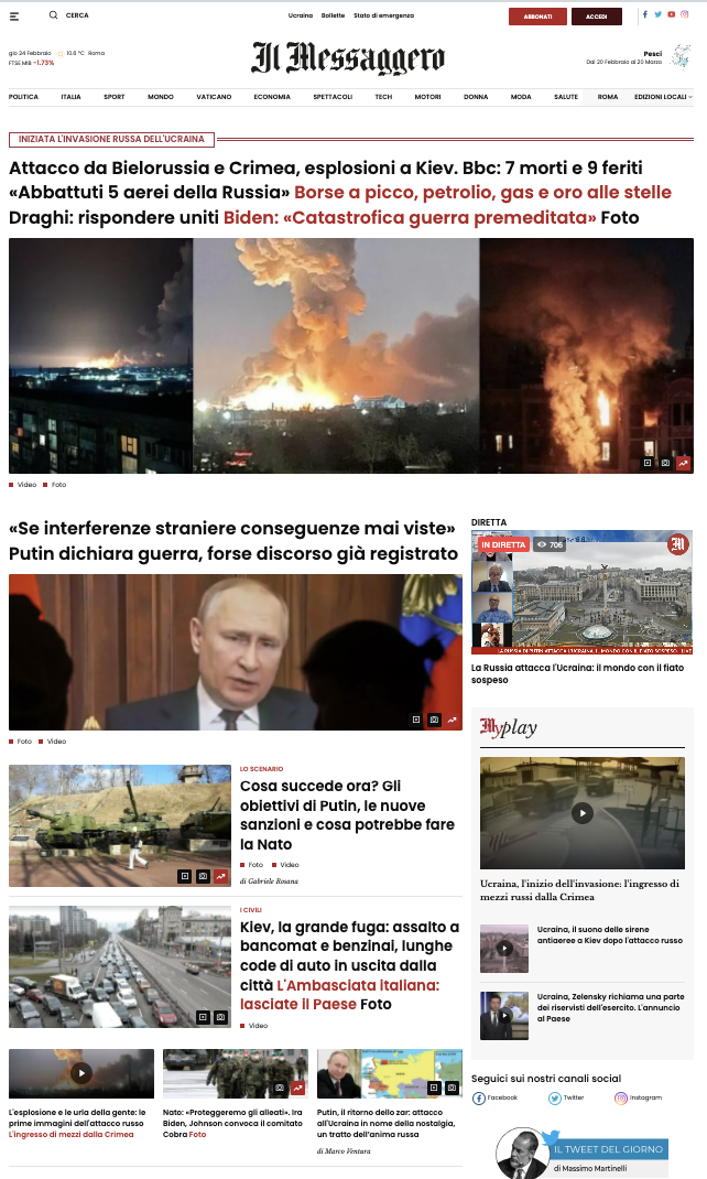 Começou a guerra na Ucrânia 2022. Explosões em Kiev, Putin: "em caso de interferência estrangeira reagiremos imediatamente". Otan: "vamos proteger os aliados". 4 capa jornal Il Messaggero 24/02/2022