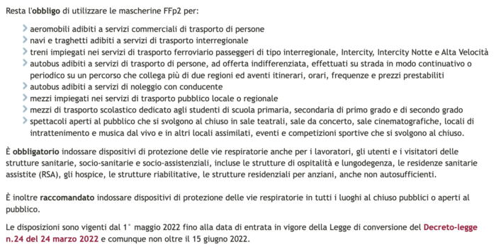 máscaras de proteção na Italia, as indicações do Ministério da Saúde da Italia entre 1º de maio de 2022 e 15 de junho de 2022