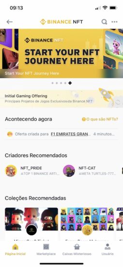 mini aplicação Binance NFT para smartphones - página inicial