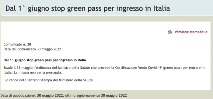 Green Pass não é mais necessário para entrar na Italia - a nota no site do Ministério da Saúde da Italia