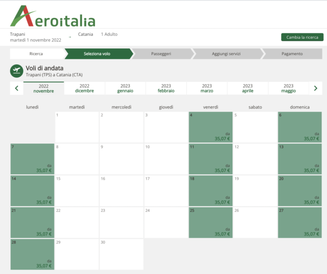 Imagem do site oficial da Aeroitalia para saídas de voos de Trapani a Catania em novembro de 2022