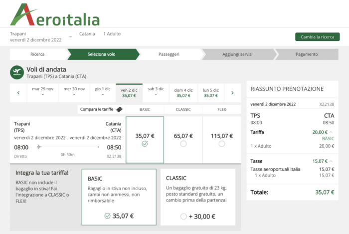 As tarifas da companhia aérea Aeroitalia para viajar no dia 2 de dezembro de 2022 (verificadas em 30/09/2022)