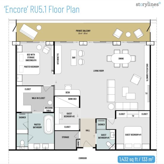 Planta de apartamento básico do navio MV Narrative da Storylines (RU5.1 Residence)