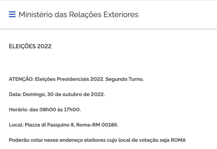 2º turno das eleições presidenciais do Brasil na Italia - Mensagem do Consulado do Brasil em Roma