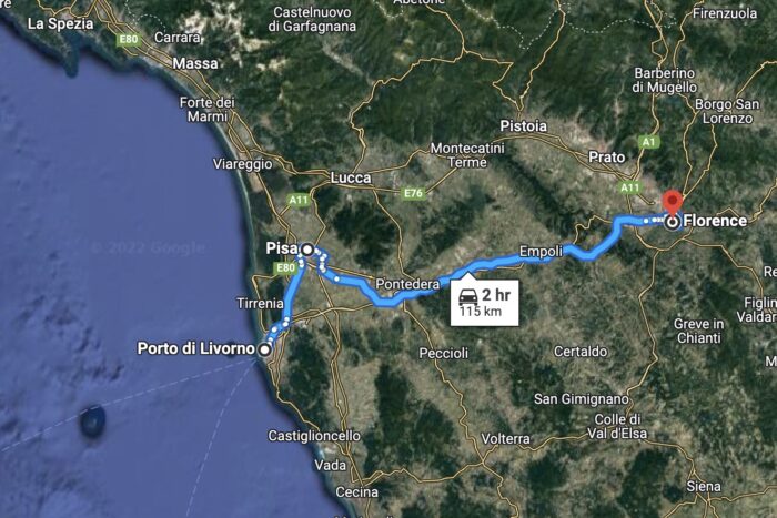 Mapa que mostra o caminho do Porto de Livorno a Florença com parada em Pisa