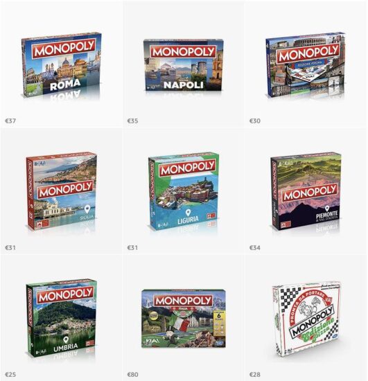 Seleção de jogos Monopoly inspirados na Italia: tem Monopoly Roma, Monopoly Napoli, Monopoly Verona, Monopoly Sicilia, Monopoly Liguria, Monopoly Piemonte, Monopoly Umbria, Monopoly Italia e Monopoly Pizza