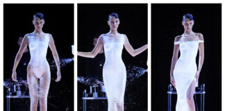 O vestido spray de Bella Hadid realizado pela Coperni na Fashion Week de Paris (Foto: divulgação)