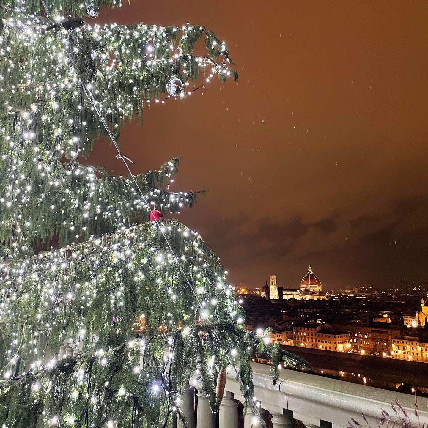 Feriado 8 de dezembro na Italia - na foto uma árvore de natal acesa em uma noite em Florença. no fundo dá para ver a catedral iluminada