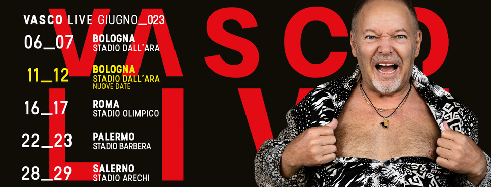 Imagem oficial com o calendário de shows do Vasco Rossi em junho de 2023 (divulgação)