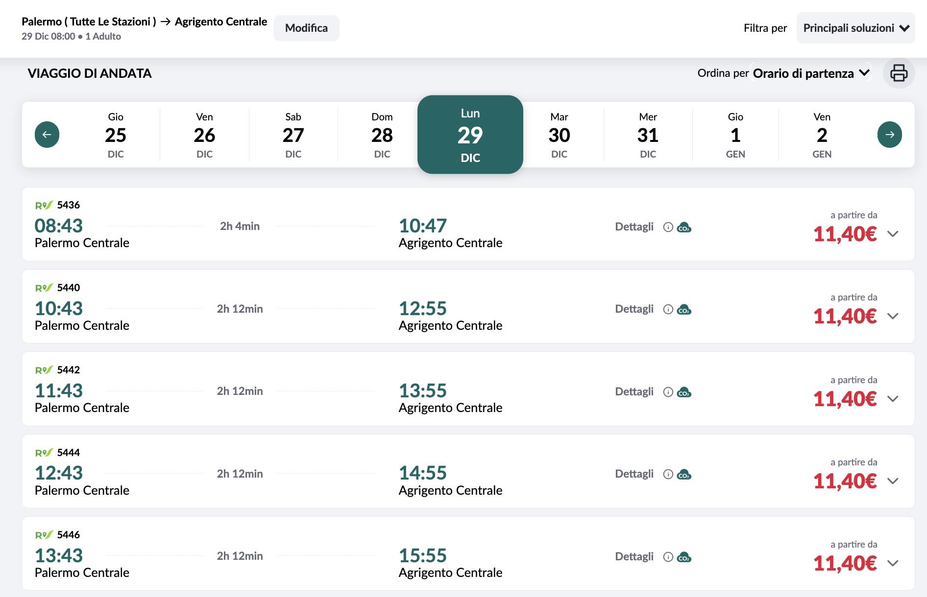 Tela do site da Trenitalia mostra horários, duração da viagem e tarifas para ir de Palermo até Agrigento, a estação ferroviária mais próxima do Vale dos Templos
