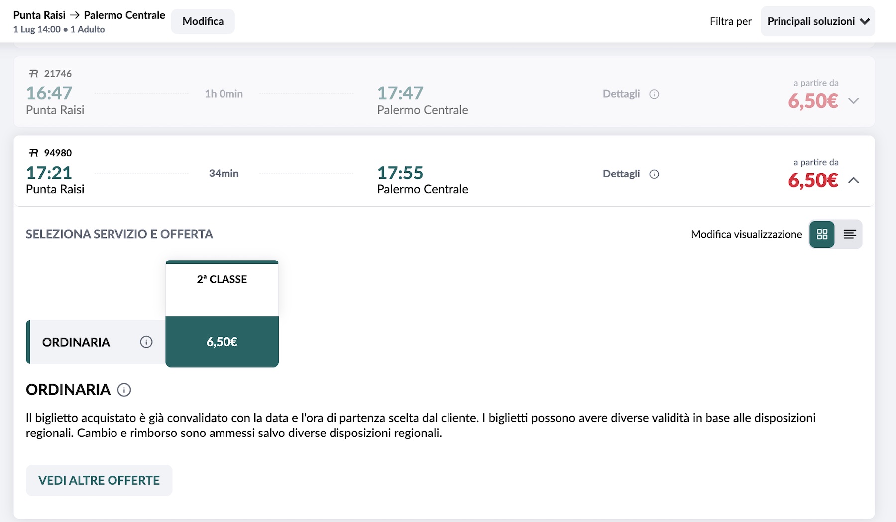 tela do site da Trenitalia mostra opção de trem Genio Express que vai do Aeroporto Punta Raisi a Palermo Centrale em apenas 34 minutos