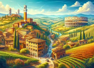 Como ir de Siena a Roma - ilustração artística mostra alguns dos monumentos símbolo das cidades de Siena e de Roma