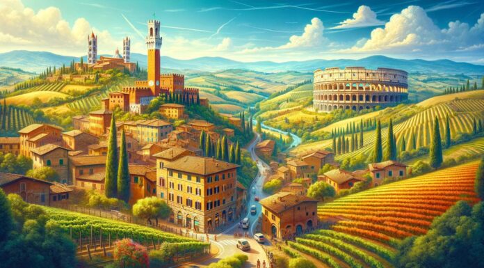 Como ir de Siena a Roma - ilustração artística mostra alguns dos monumentos símbolo das cidades de Siena e de Roma