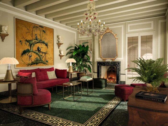 sala com lareira no hotel Violino d'Oro um lindo hotel 5 estrelas independente que agora faz parte do The Leading Hotels of the World