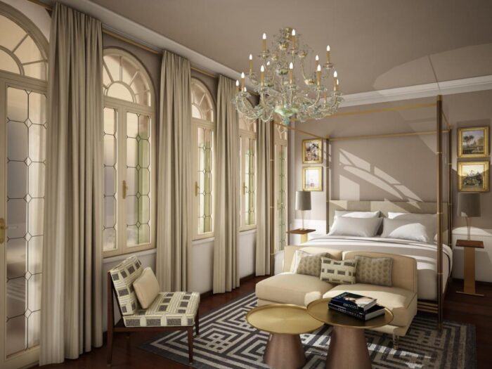veneza hotel sofisticado de design - Violino d'Oro Venezia - quarto com luminária veneziana