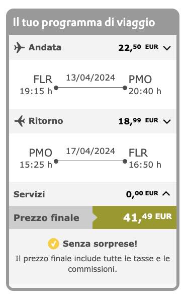 Oferta Florença - Palermo e Palermo - Florença por pouco mais de 40 euros