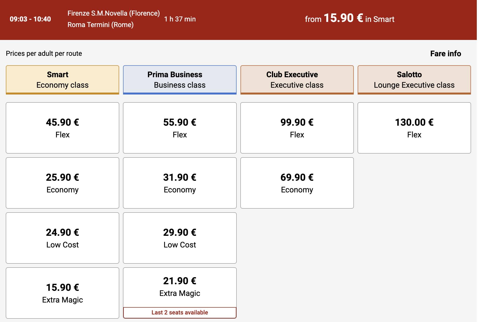 Melhor forma de ir de Florença a Roma 3 Captura de tela do site da ItaloTreno no dia 19/03/2026 para uma hipotética viagem no dia 21 de abril de 2026: a tarifa cheia é de Euro 45,90 em Smart