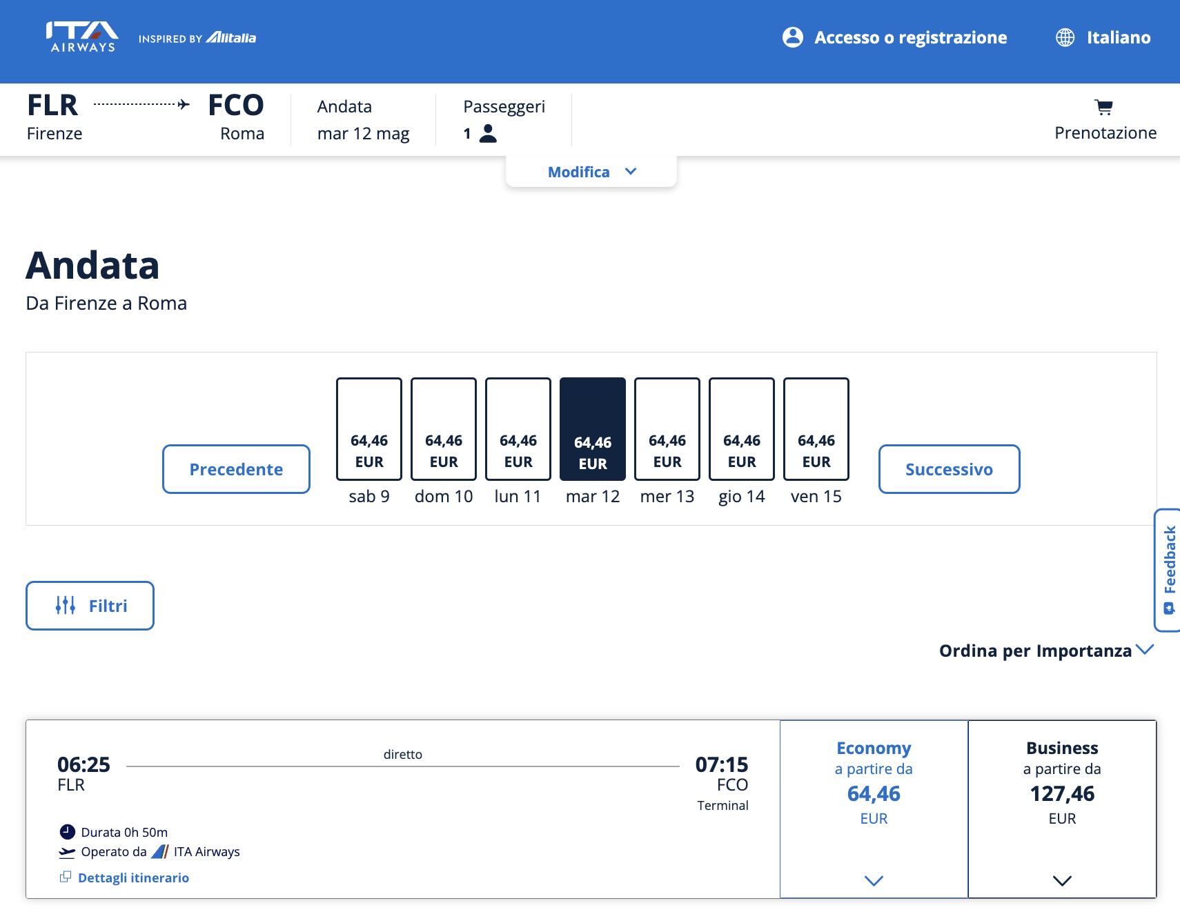 Melhor forma de ir de Florença a Roma 6 Captura de tela do site da ITA Airways realizada no dia 19/03/2026 com tarifas para viajar no dia 12 de maio de 2026 - classe econômica a partir de Euro 64,46