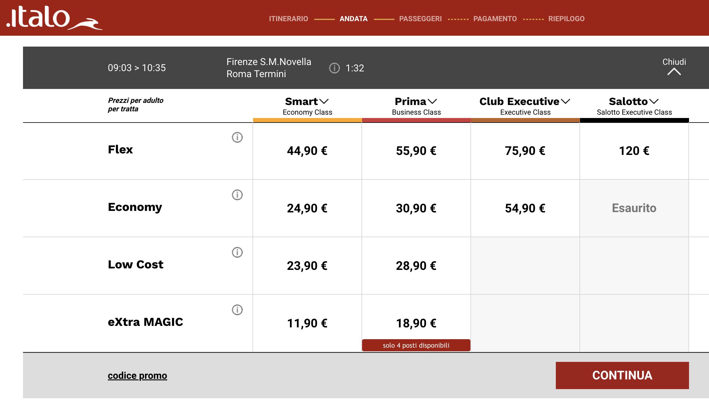 Melhor forma de ir de Florença a Roma 3 tela do site da Italo para comprar passagem de Florença até Roma