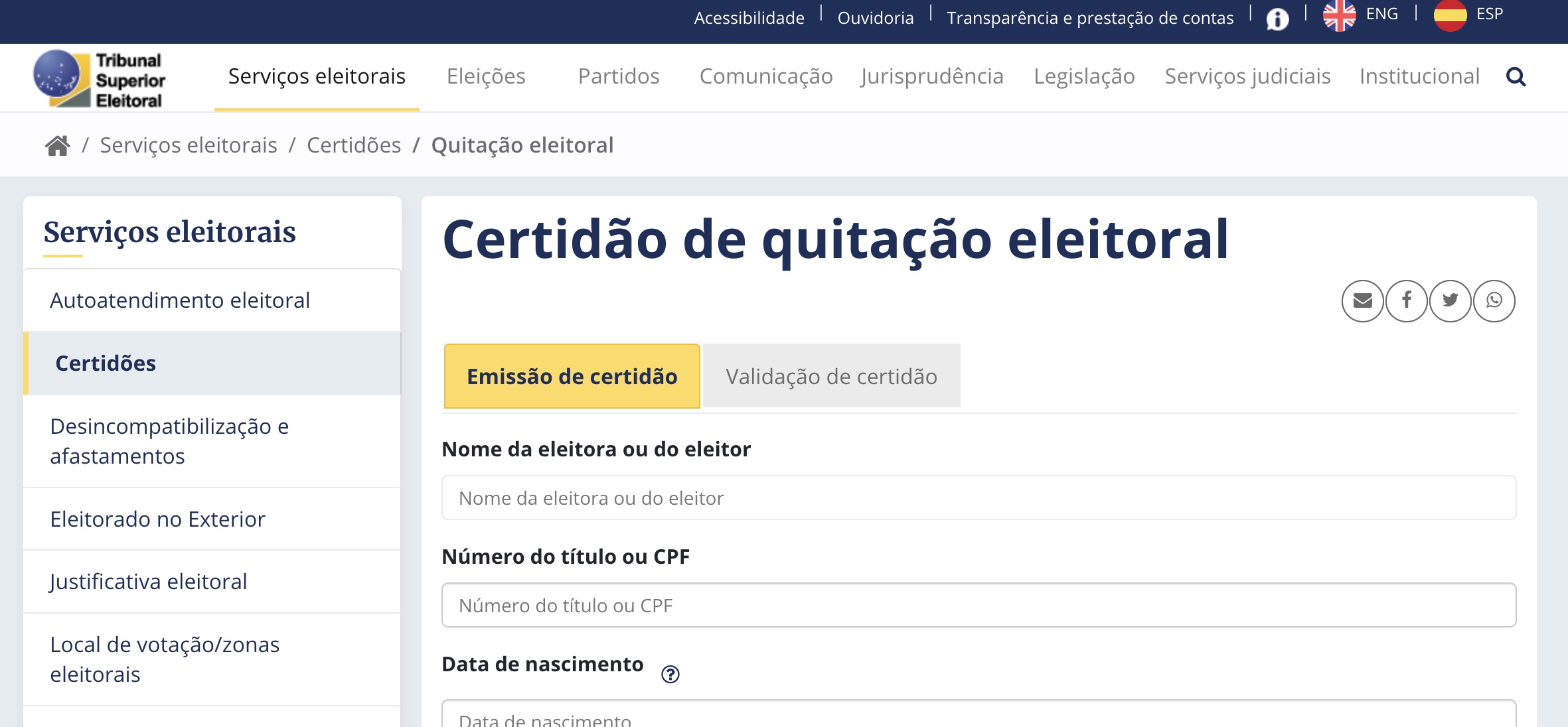 Página para verificar situação eleitoral no Brasil no site do TSE, o Tribunal Superior Eleitoral. 