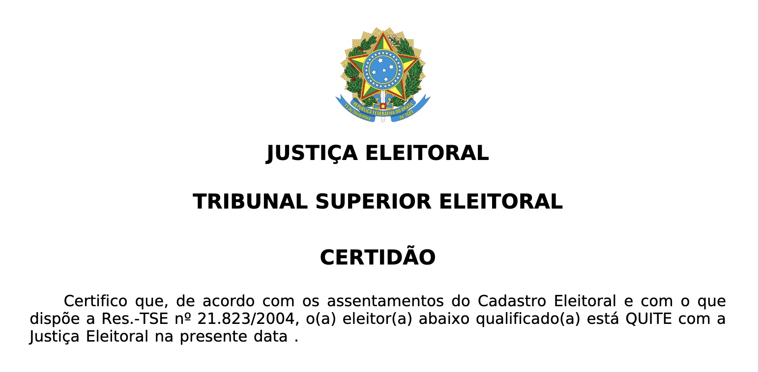 Eleitor está QUITE com a Justiça Eleitoral do Brasil - tela do TSE após consulta com resultado positivo