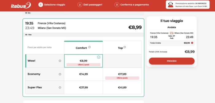 Captura de tela de uma viagem de Florença para Milão no dia 7 de fevereiro de 2026