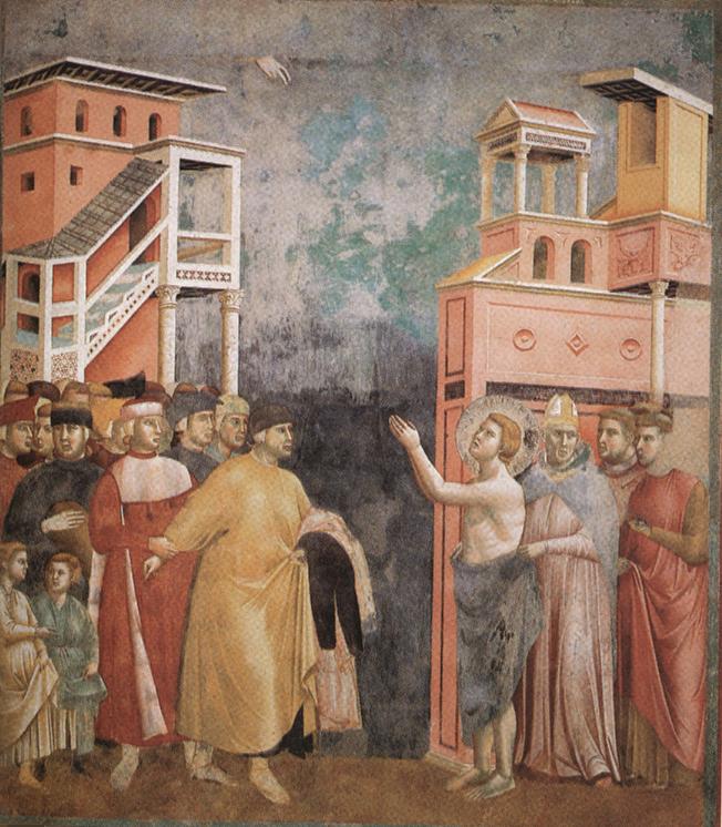 Obra de Giotto que ilustra o momento em que São Francisco renuncia aos bens terrenos. Encontra-se na Igreja Superior da Basílica de São Francisco, em Assis