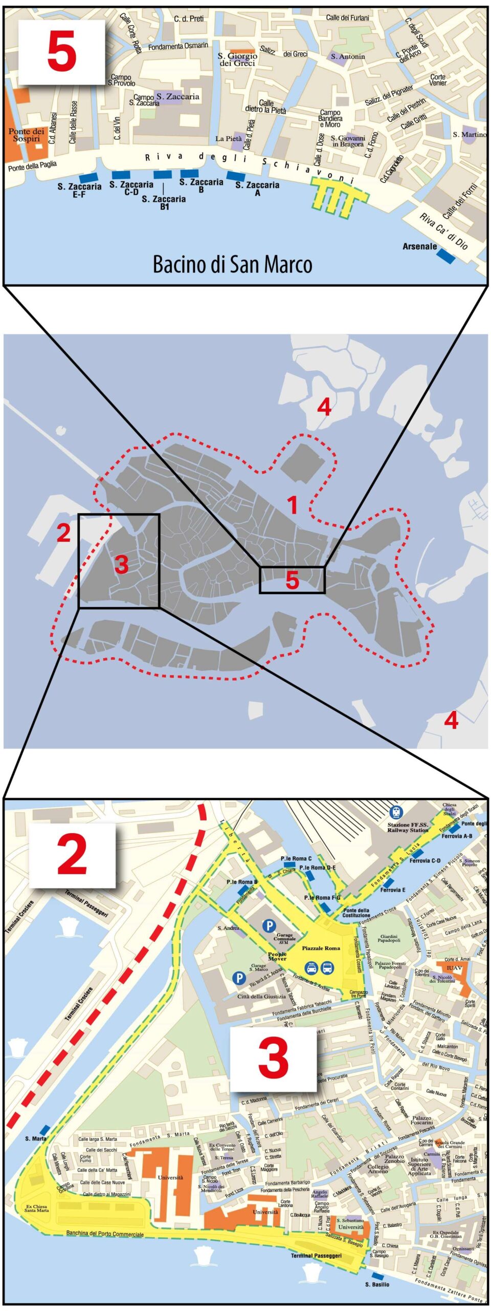 Taxa de Entrada em Veneza 2026 - Mapa indica áreas a pagamento. Os trechos em amarelo no mapa ilustram as áreas de acesso livre (sem necessidade de pagamento) em Veneza