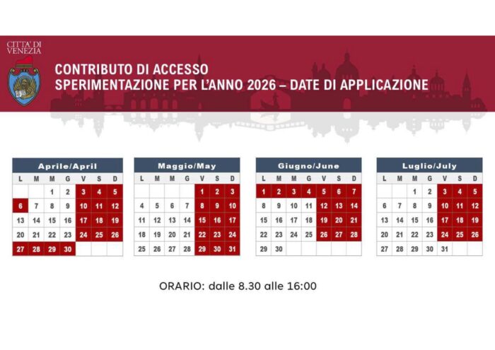 Calendário indica em vermelho as datas em que é cobrada taxa de entrada em Veneza