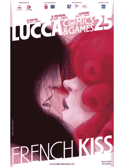 Cartaz oficial do Lucca Comics & Games 2025 com o tema "French Kiss" ilustrado por Rébecca Dautremer.