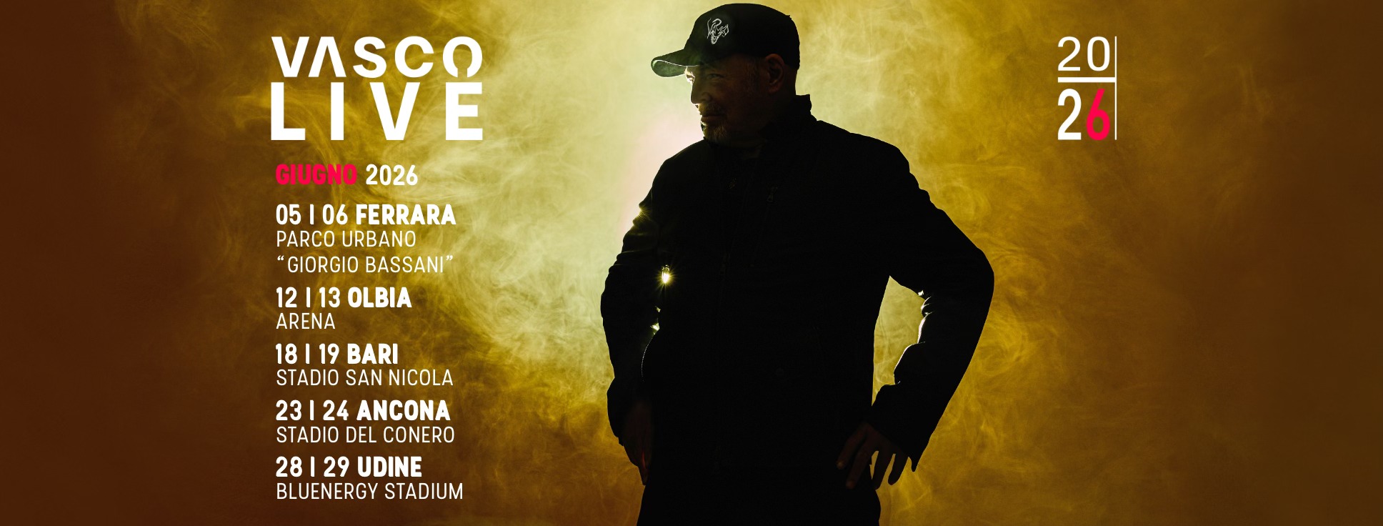 Vasco Rossi 2026 na Itália: Garanta seu ingresso para os shows do Komandante! 2 Ingressos Vasco Rossi 2026 - Junho - Ferrara, Olbia, Ancona, Udine