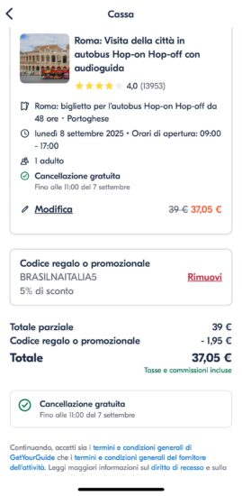 Get Your Guide: Com o código promocional BRASILNAITALIA5 reservando através da app: desconto de quase 2 euros para uma reserva de 39 euros
