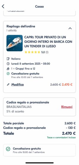 Get Your Guide: Com o código promocional BRASILNAITALIA5 reservando através da app: desconto de 130 euros para um tour de 2600 euros