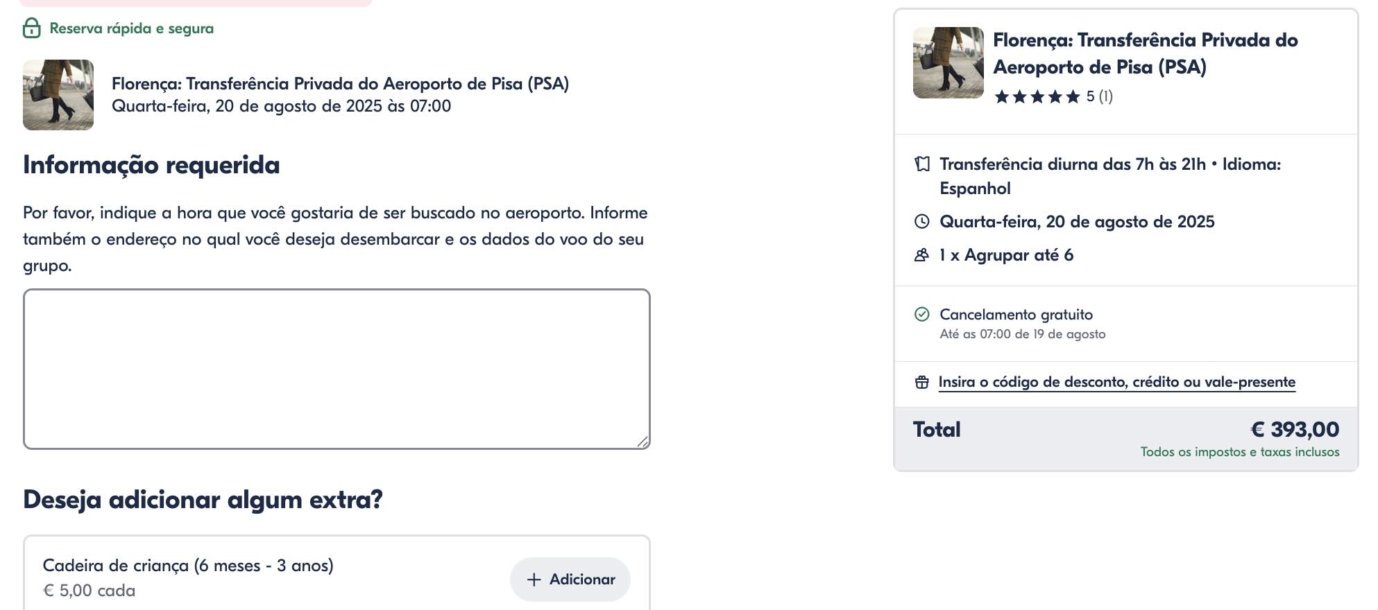 Captura de tela do site Get Your Guide para reserva do transfer do Aeroporto de Pisa até Florença - o preço mostrado é para 4 pessoas