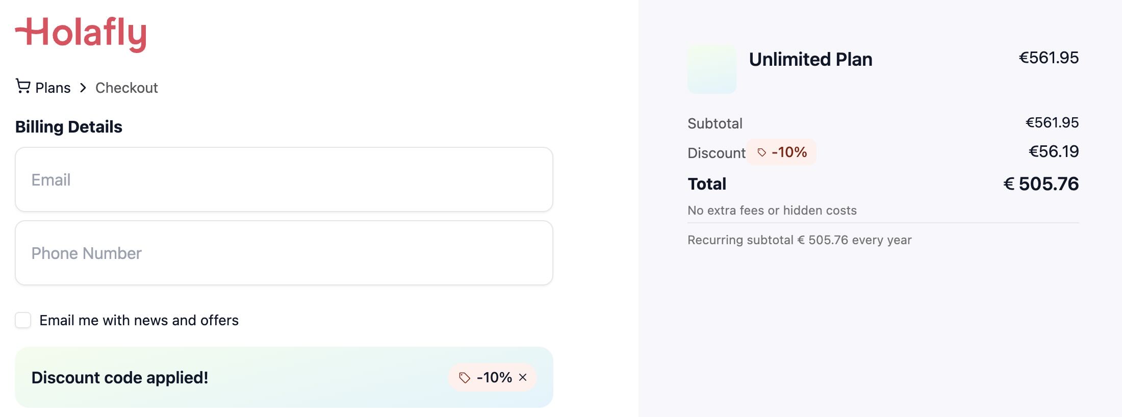 Você verá a mensagem de desconto aplicado (discount code applied!) e o preço mais baixo e poderá prosseguir com o pagamento