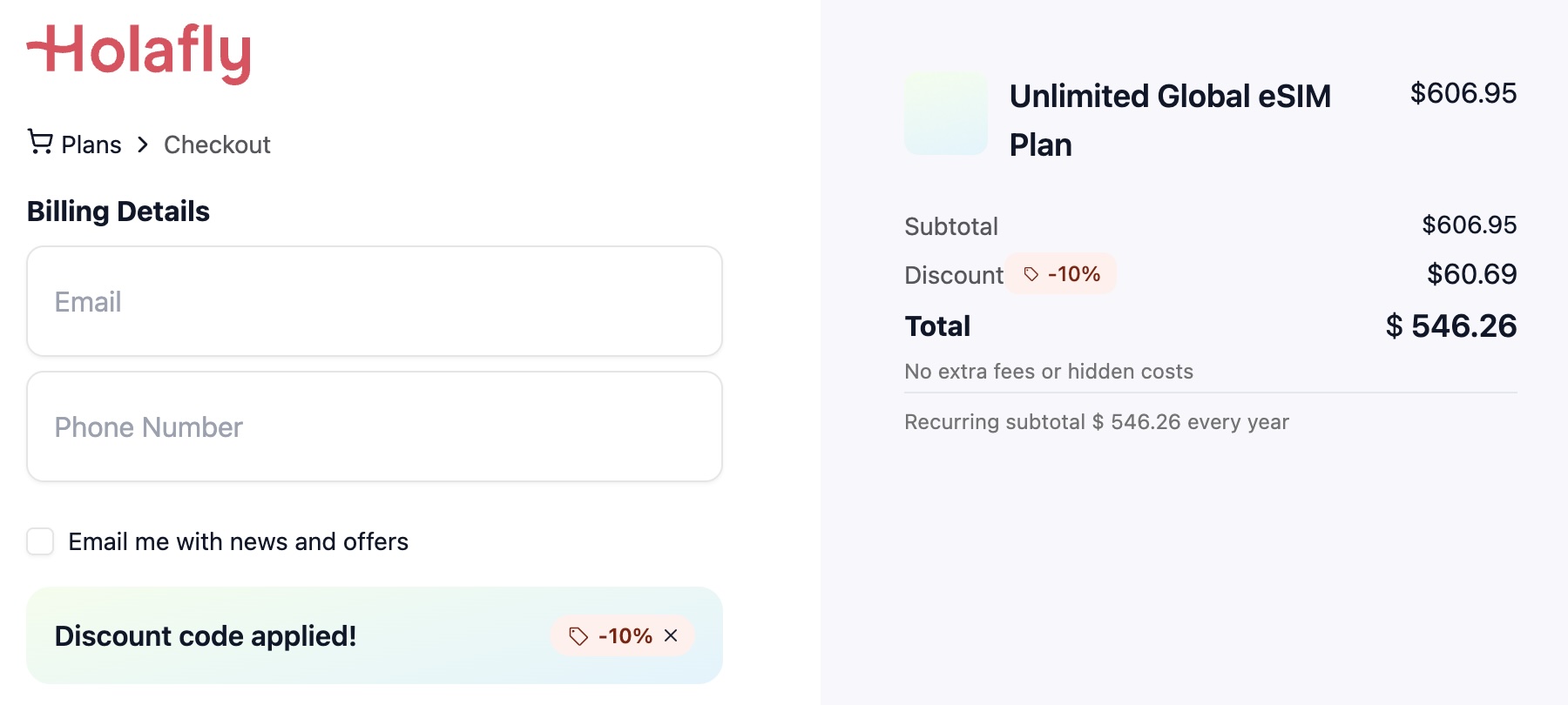 Você verá a mensagem de desconto aplicado (discount code applied!) e o preço mais baixo e poderá prosseguir com o pagamento