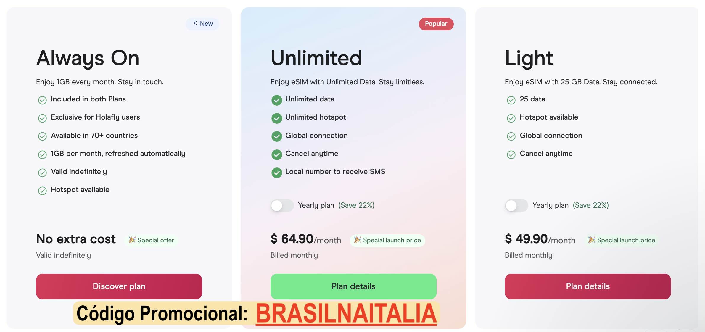 Holafly Plans - os planos Unlimited e Light já estão disponíveis e podem sair ainda mais em conta com o código promocional BRASILNAITALIA