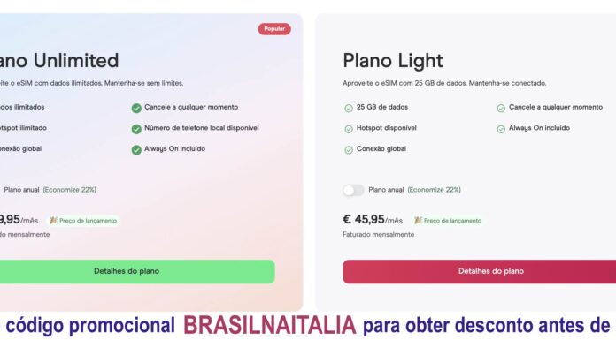 Internet ilimitada com Planos da Holafly: para viagens de mais de 30 dias código promocional BRASILNAITALIA dá desconto nos planos da Holafly