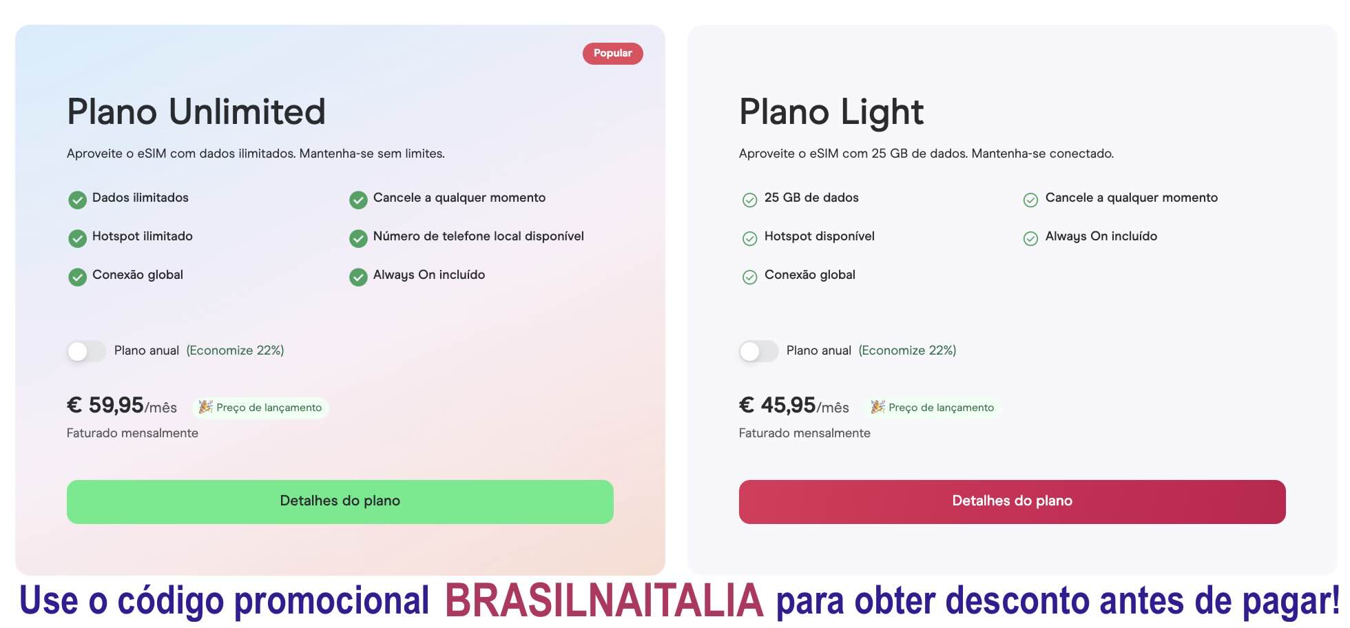 Captura de tela do site oficial da eSim de viagem Holafly realizado em março de 2026 mostra as opções de Planos da Holafly (Unlimited e Light)