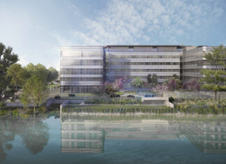 Render do novo DoubleTree by Hilton Milan Linate Airport com vista para o lago Idroscalo, projetado pelo Studio Tectoo.
