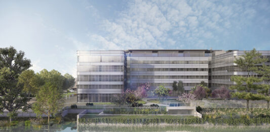 Render do novo DoubleTree by Hilton Milan Linate Airport com vista para o lago Idroscalo, projetado pelo Studio Tectoo.