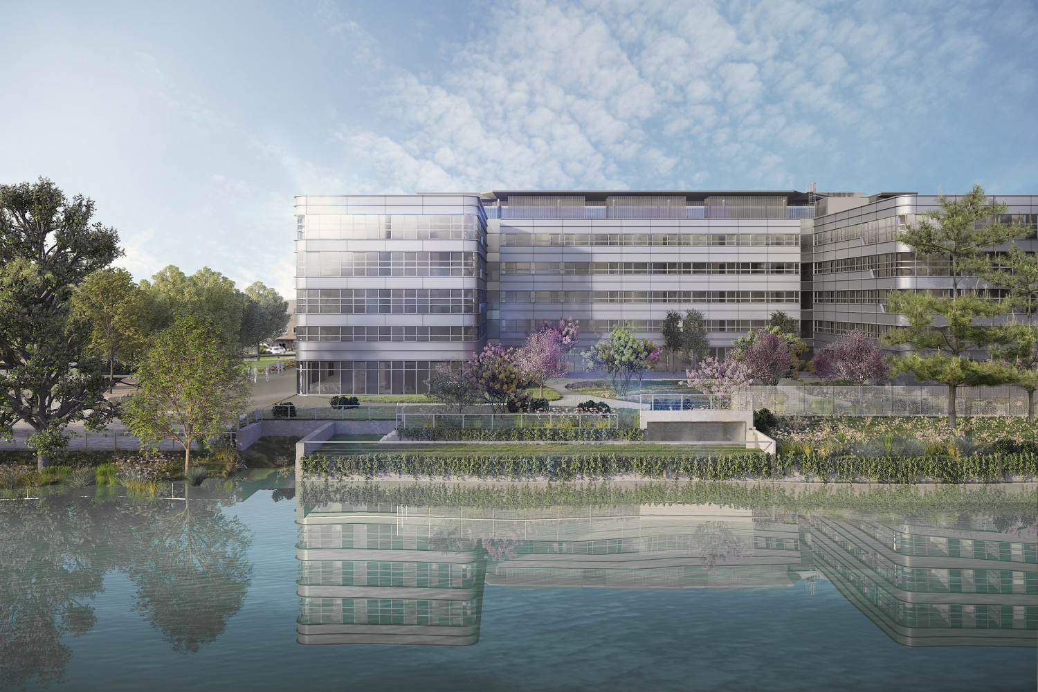 Render do novo DoubleTree by Hilton Milan Linate Airport com vista para o lago Idroscalo, projetado pelo Studio Tectoo.