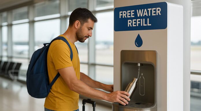 Aeroportos Italianos agora vão ter água gratuita antes do embarque Aeroportos italianos começam a oferecer água potável gratuita (foto ilustrativa, gerada com IA)