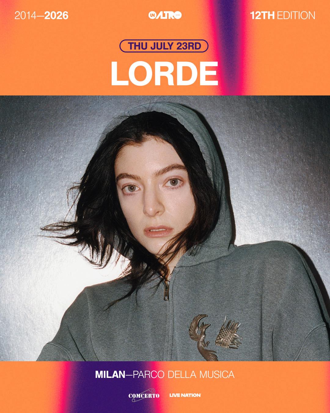 Lorde em Milão 2026: ingressos à venda para o Unaltrofestival 2 cartaz do show Lorde em Milão no dia 23 de julho de 2026